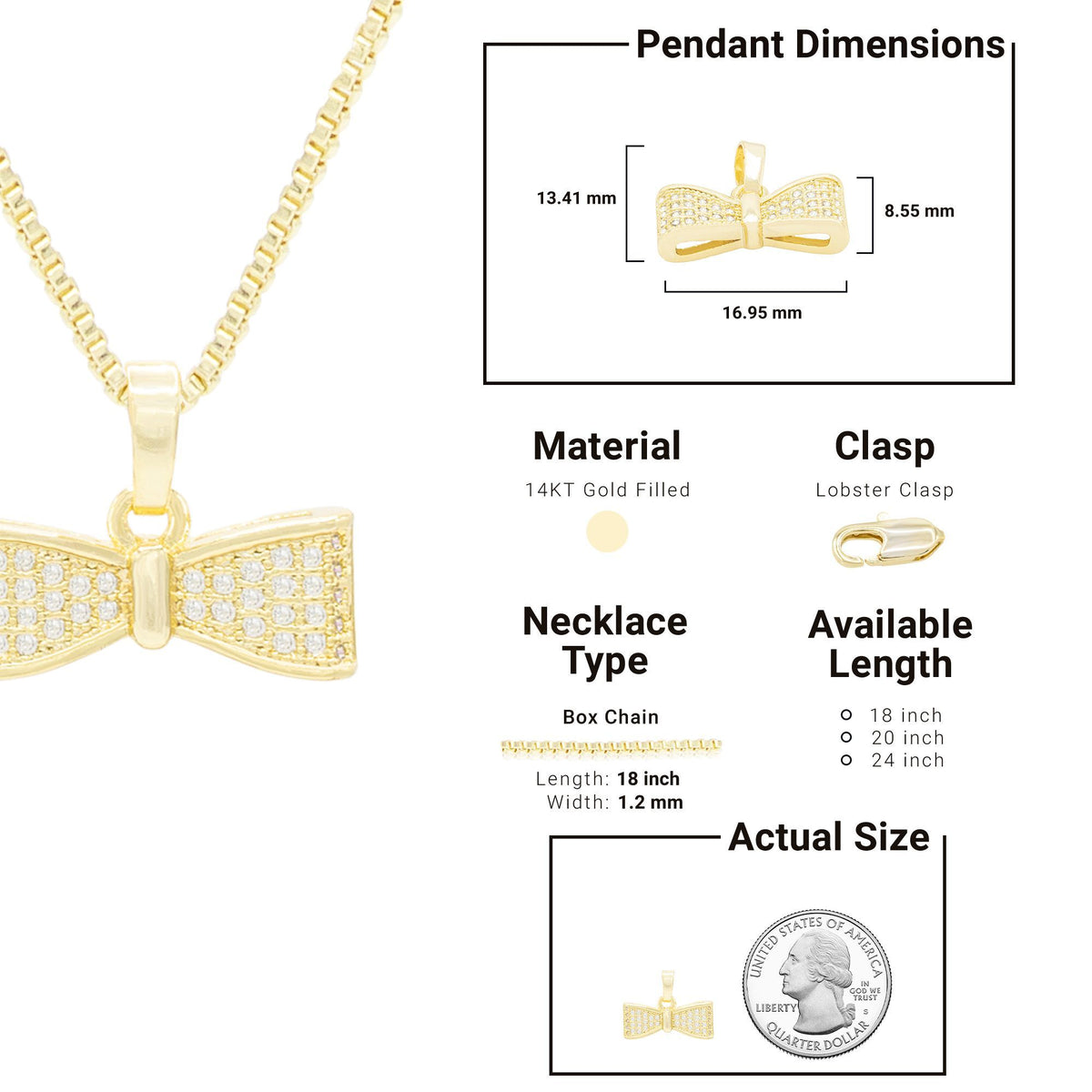 14K Yellow Gold outlet Bow Tie Charm With Cable Link Chain 18'' Inches Gift Friendship