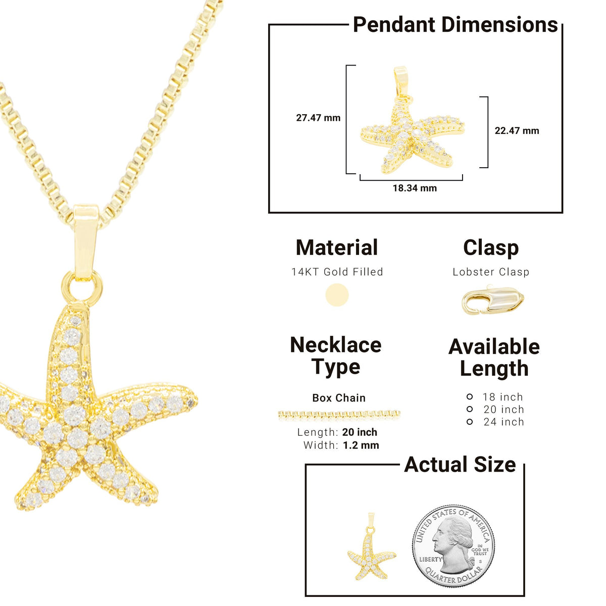 Starfish Cubic Zirconia Pendant With Necklace Set 14K Gold Filled