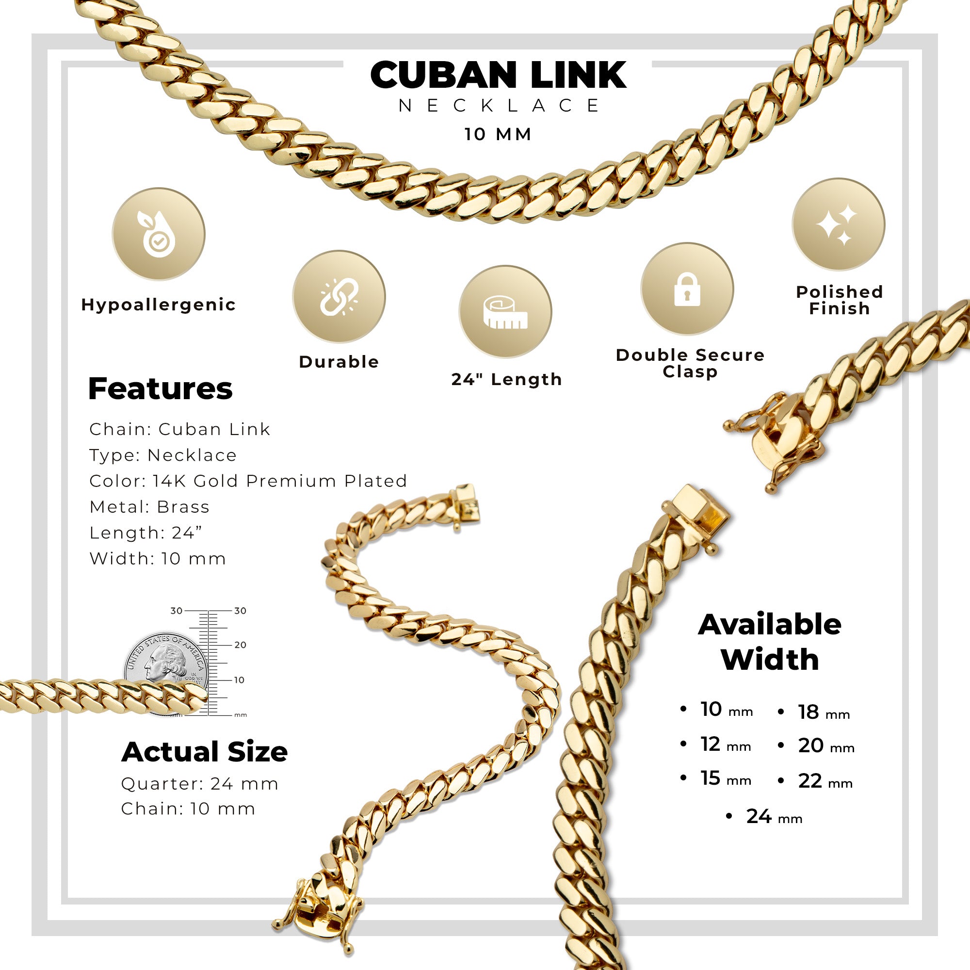 Miami Cuban Link Chain Necklace 14K Gold Premium Plated 10-24 mm Men Jewelry 24 inch