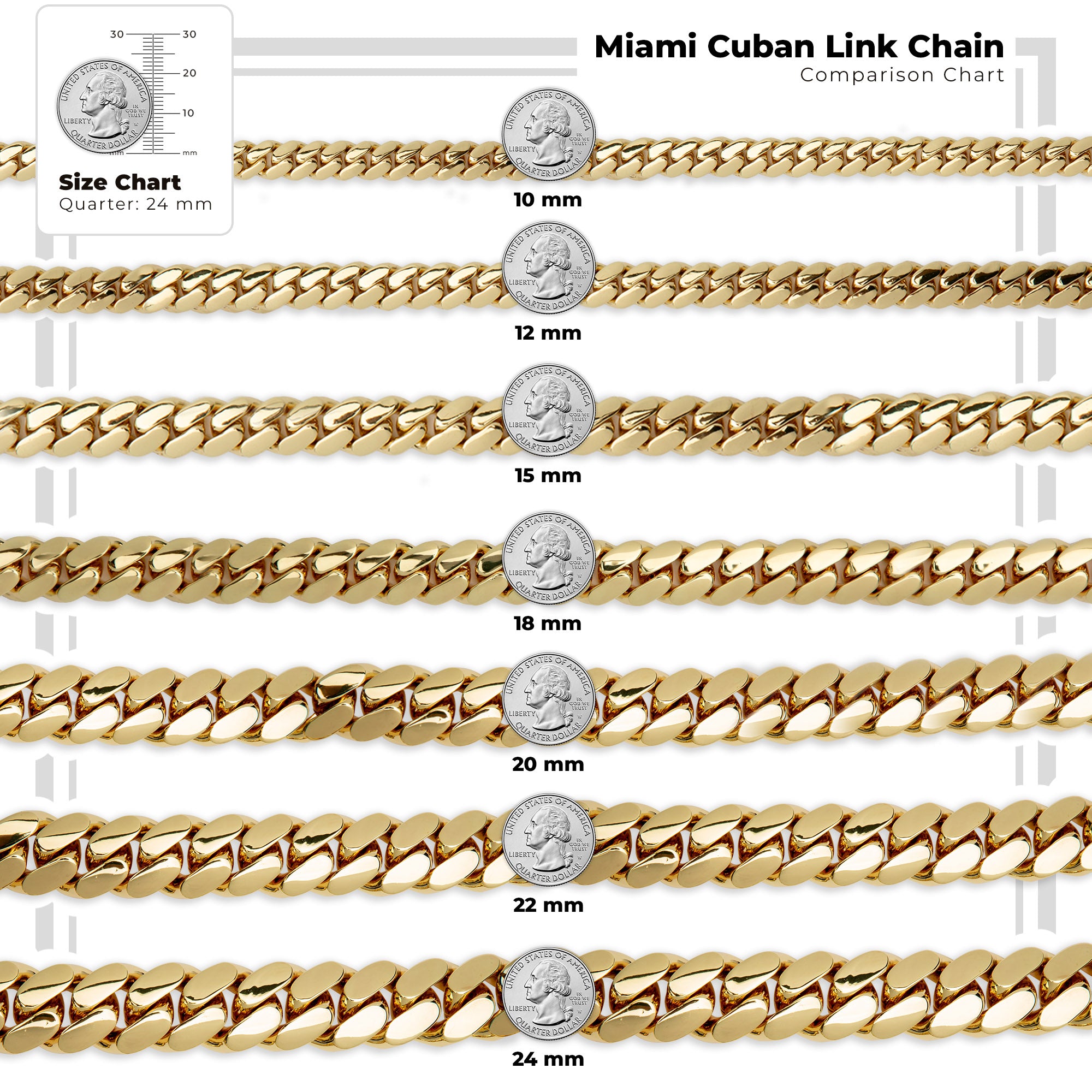 Miami Cuban Link Chain Necklace 14K Gold Premium Plated 10-24 mm Men Jewelry 24 inch