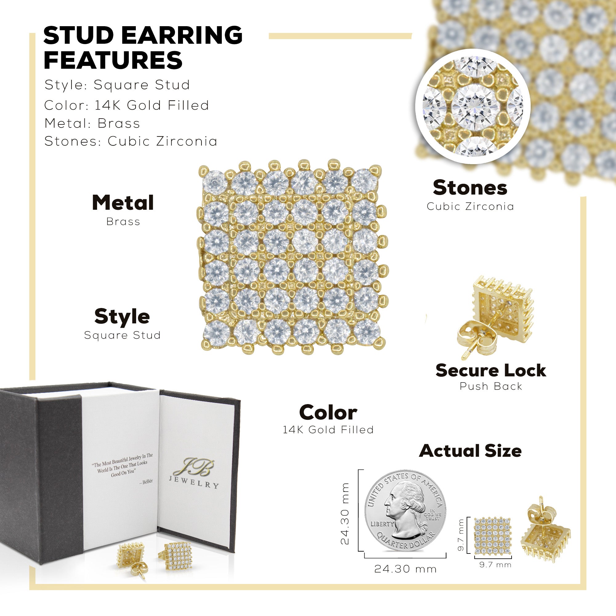 Double Square 7 Cubic Zirconia Earrings 14K Gold Filled Silver Hip Hop  Studs Jewelry Women Men - Gold
