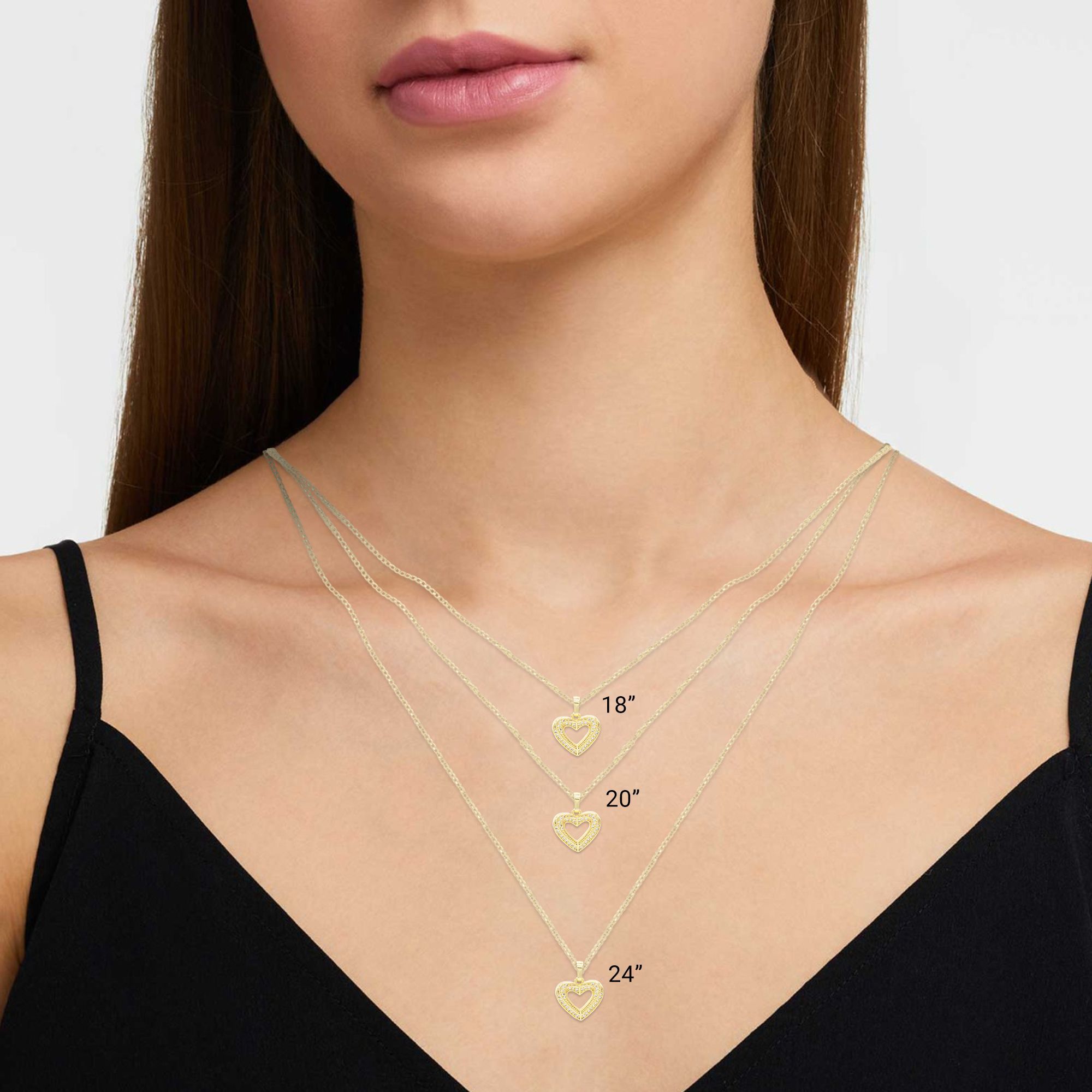 Gold Multi Link Chain Necklace-Latticework CZ Heart-Dual Sided Pendant 15