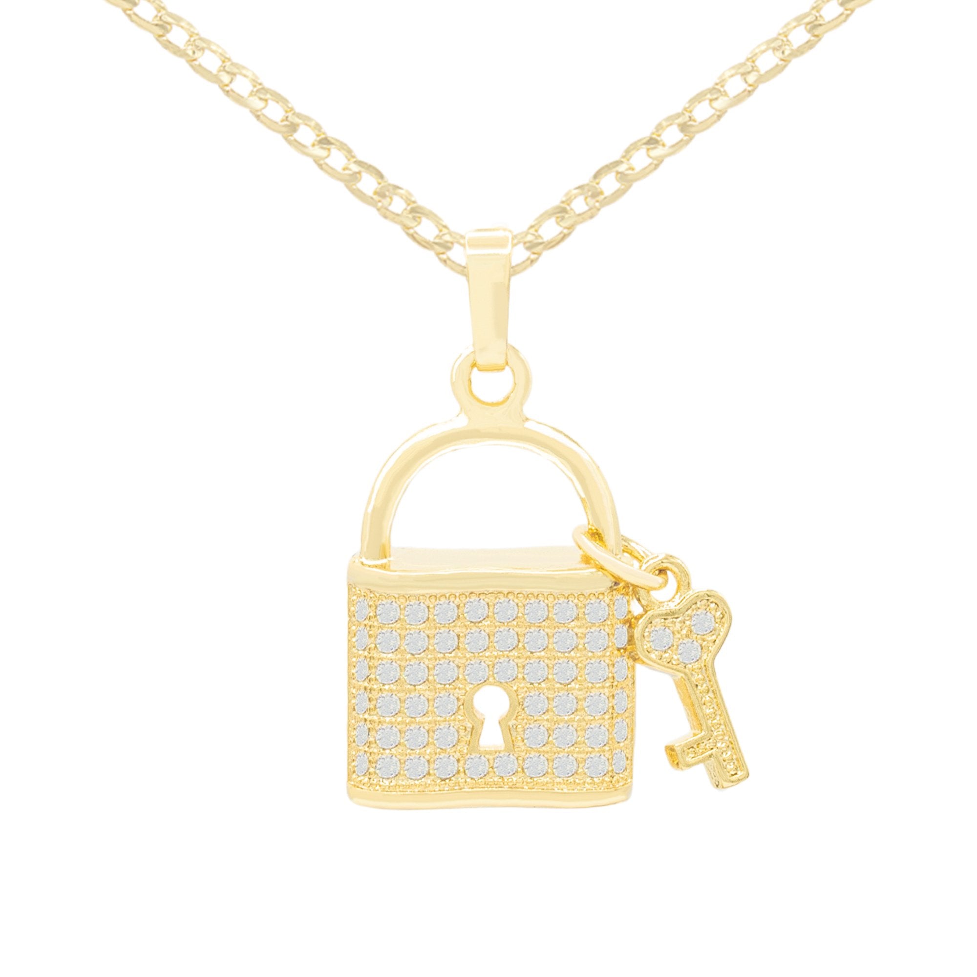 14K Solid Gold Mini Lock Pendant With Cubic Zirconia / Real 