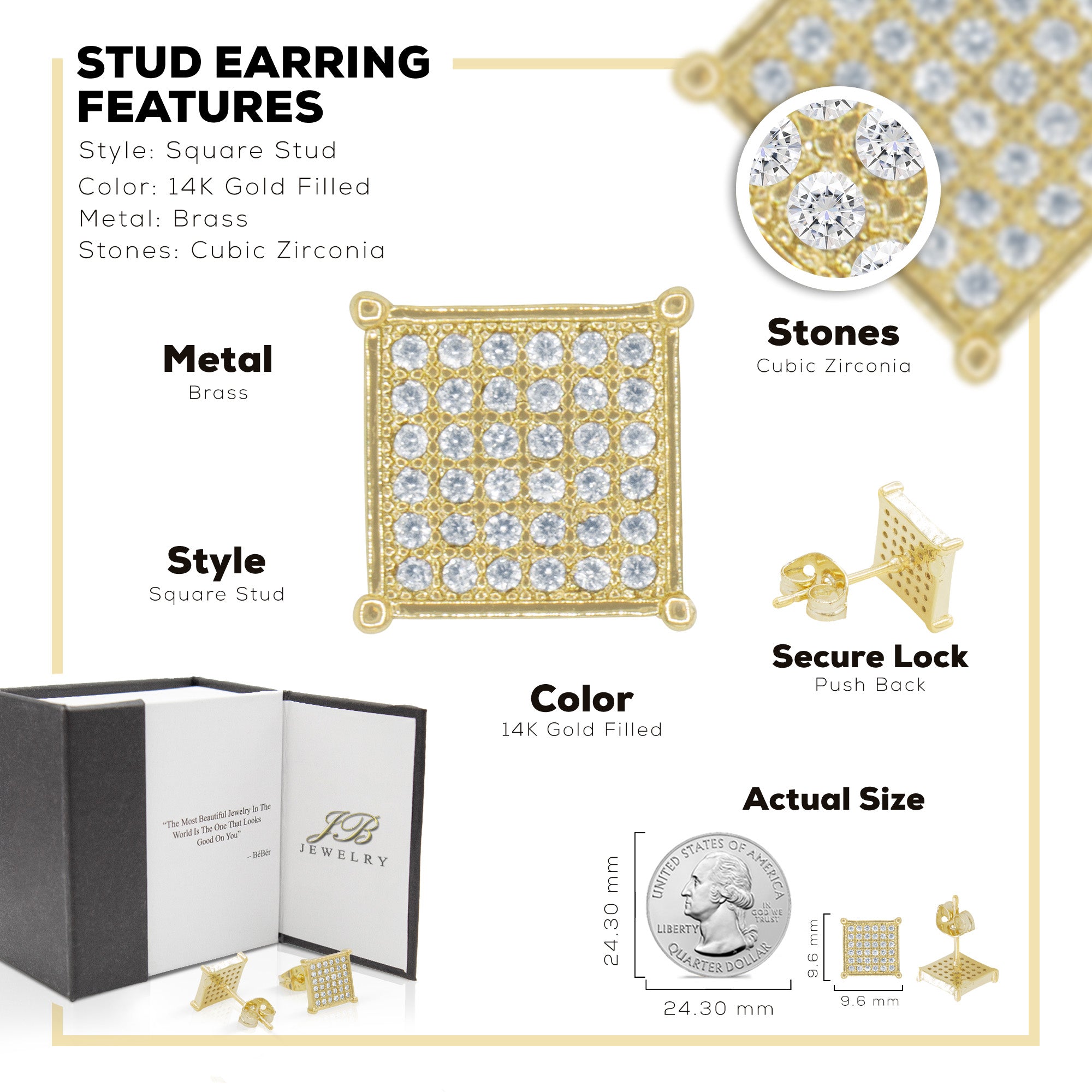 Square 11 Cubic Zirconia Earrings 14K Gold Filled Silver Hip Hop Studs  Jewelry Women Men - Gold
