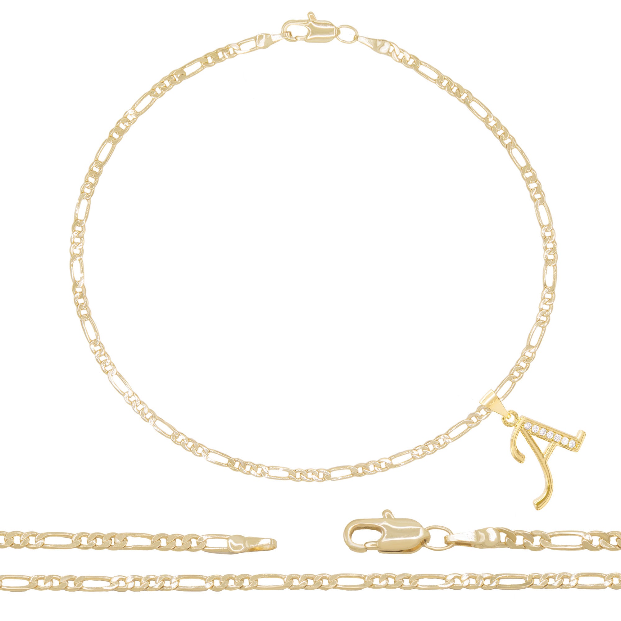 Personalized monogram bracelet or anklet with Figaro chain in Sterling  Silver or solid karat gold: 10K, 14K or 18K.